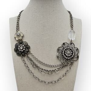 Floral Filigree Chain Necklace – Antique Silver Tone Rhinestone Gothic Revival